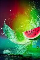 Flying a Watermelon slices with water splashing, photo