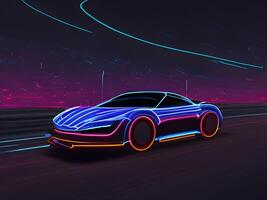 Speeding Sports Car On Neon Highway. photo