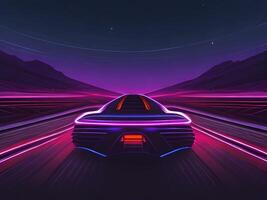 Speeding Sports Car On Neon Highway. photo