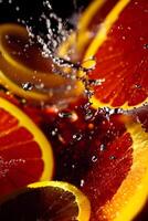 Flying a Orange slices with water splashing, photo