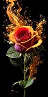 Illustration of a Rose with flame in black background. photo