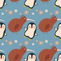 Pattern with kiwi and penguin birds. vector