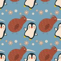 Pattern with kiwi and penguin birds. vector