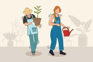 Girl gardening activities, lady activity characters cartoon ,Trendy one line draw design vector illustration