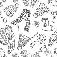 Winter clothing sweaters, hats, mittens and gloves seamless pattern in doodle style vector