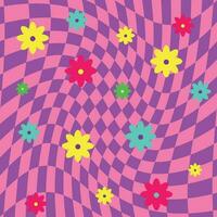 Pink purple  psychedelic squares geometric pattern with flowers. Optical illusion background 60s vector