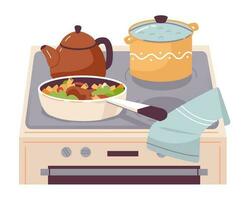 Kettles and pots on the kitchen stove. Pasta with vegetables and soup are cooked on the stove. Home cooking. Cartoon flat vector illustration.