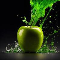 Amazing green Apple with water splash and drops isolated, photo