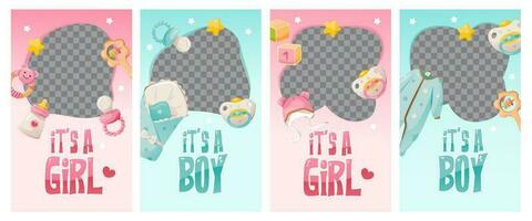 Baby shower template for social networks or a greeting card with a place for a photo. It's a girl. It's a boy. vector