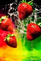 Flying a Strawberry slices with water splashing, photo