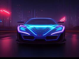 Futuristic electric concept car in cyberpunk background. photo