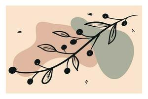 Abstract vector floral background. Smooth shapes, blots and spots. Doodle Twigs with leaves and berries.