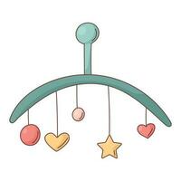 Simple vector isolated illustration of baby rattles in the shape of a star, heart or ball. A nursery mobile for newborns in a stroller or cradle.