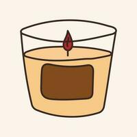 Vector isolated cozy autumn sticker. Doodle wax candle in a glass beaker with a sticker.