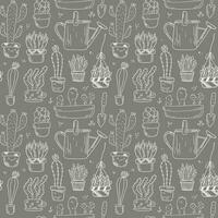 Seamless pattern with vector doodle icons of home plants in pots. Lined cacti and succulents in different shapes and sizes. Stickers on the theme of gardening and home comfort.