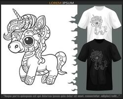 Unicorn mandala arts isolated on black and white t shirt. vector