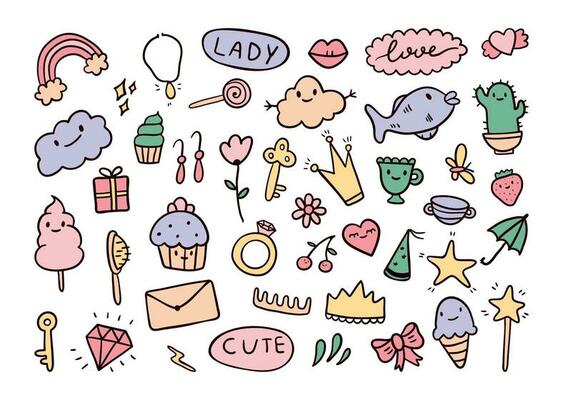 Set of vector cute isolated doodle elements. Funny kawaii kids girl stickers in princess style.