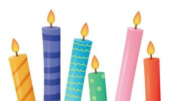 Cartoon multicolored candles with fire. Vector holiday banner or gift card.