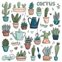 Set of vector doodle icons of home plants in pots. Cute pastel colored lined cacti and succulents in different shapes and sizes. Stickers on the theme of gardening and home comfort.