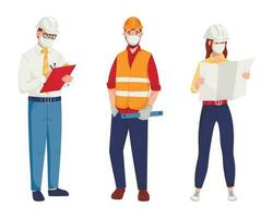 Vector illustration of three people workers, engineers, architects or builders. Full-length men and women in helmet and suit. In their hands, they hold a tablet with drawings or project plans.