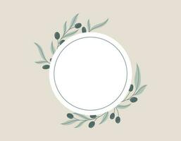 Round vector isolated sticker or label with decorative frame of olive branches with black berries and leaves in flat style.