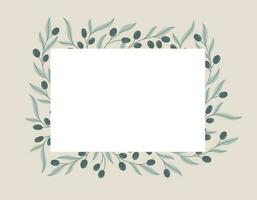 Rectangular vector isolated sticker or label with decorative frame of olive branches with black berries and leaves in flat style.