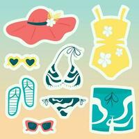 Set of cartoon vector icons or stickers. Summer illustrations, beachwear and shoes, collection of bikinis, swimming trunks and sunglasses in bright colors. Design elements.