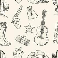 Seamless pattern doodle vector isolated icons in country style. Line art cowboy design elements. Outline wild west print or decoration stickers.