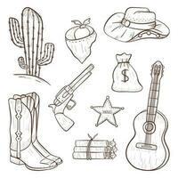 Set of vector isolated icons in country style. Cowboy design elements in line art style. Outline wild west print or decoration stickers.