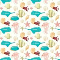 Vector seamless pattern with cartoon marine life. Different types of colorful fish, jellyfish, starfish and molluscs.