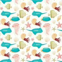 Vector seamless pattern with cartoon marine life. Different types of colorful fish, jellyfish, starfish and molluscs.