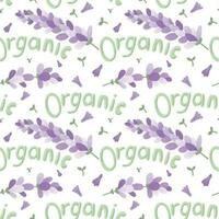 Cartoon lavender branches with petals and text lettering organic. Vector seamless floral pattern in flat style.