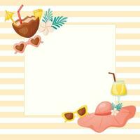 Summer striped frame or border for decoration pattern or background. Beach holiday elements and stickers. Bright hat, sunglasses and cocktails in a glass and in a coconut. vector