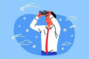 Business, goal, search, imagination, obseravtion, goal concept. Young businessman clerk manager character looking thrugh binoculars searching for solutions. Imaginative mindset and purpose achievement vector