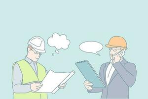 Engineer work, project discussion, planning concept. Building, constructing business, businessman and worker in helmets, men in suit and work clothes, people and speech clouds. Simple flat vector