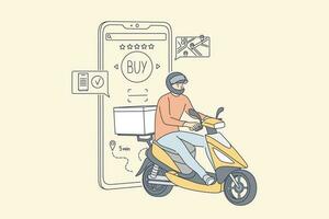 compras, rápido entrega, digital marketing, cuarentena coronavirus concepto. hombre chico proveedor dibujos animados personaje va a orden en scooter. solicitud compras utilizando teléfono inteligente en encierro ilustración vector