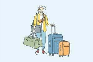 Travelling, tourism, hiking, holiday concept. Young happy smiling man guy tourist traveler hiker backapacker cartoon character standing with luggage looking at camera. Active lifestyle illustration. vector