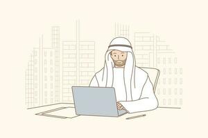 Arab man works in office concept. Smiling happy arabic businessman muslim clerk manager cartoon character sitting at laptop in a modern office wearing traditional attire. Business working process. vector