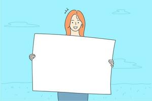 Promotion, business, advertising, protest concept. Young happy smiling businesswoman clerk manager girl cartoon character protestor holding banner in hands looking at camera. Corporate promo ads. vector