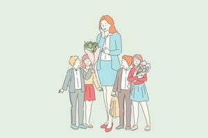 Teachers day celebration concept. Schoolchildren greeting impressed teacher, cheerful boys and girls with rucksacks giving flower bouquets to tutor. Simple flat vector