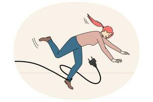 Clumsy woman fall stumble with power cable vector