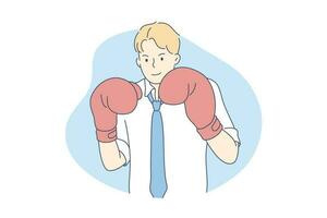 Competition, rival, challenge, business concept. Young confident smiling businessman cartoon character office clerk manager with boxing gloves, looking at camera. vector