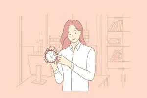 Time management, business concept. Young smiling businesswoman girl clerk manager cartoon character standing with alarm clock in office and looking at camera. Work delay, project deadline illustration vector