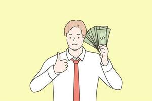 Business, success, goal achievement, wealth, money concept. Young happy smiling businessman clerk manager standing with cash dollar fan and showing like sign. Reaching purposes and currency profit. vector