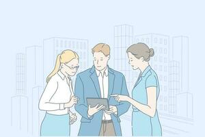 Collaboration, teamwork, development, plan, business concept. Young women and man, businessmen discuss new management tactics. Office clerks or leadership review design of project. Flat simple vector. vector