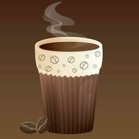 alto marrón taza de café con café frijol dibujos y vapor en un marrón antecedentes. realista vaso jarra con café frijoles en el lado para café tienda vector