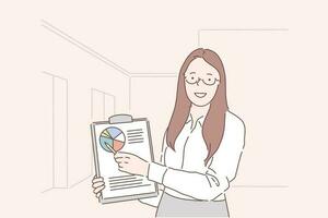 Analytics, progress indicator, conference planning concept. Young happy woman businesswoman analyst presentation of performance for period. Successful girl shows chart of indicators data. Flat vector. vector