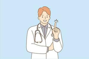 salud, cuidado, negación, prohibición concepto. joven contento sonriente médico hospital trabajador dibujos animados personaje en pie diciendo No con dedo signo. rechazo negando tratamiento o médico apoyo ilustración vector