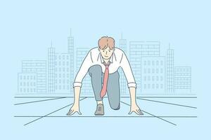 Competition, challenge, business concept. Young happy smiling businessman boy office clerk or manager cartoon character ready for work or race. Preparation for contest or startup and career beginning. vector