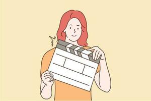 Shootings, movie, assistance concept. Young happy smiling woman or girl assistant cartoon character director standing with clapperboard. Making films clips for cinema production industry illustration. vector